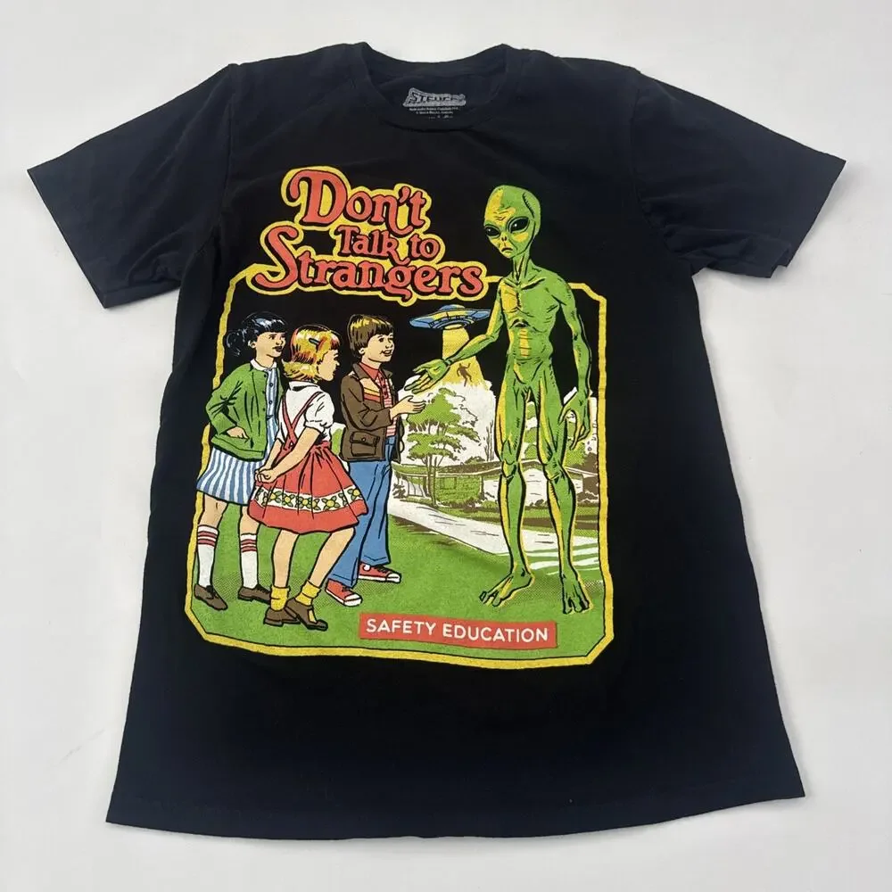 Steven Rhodes Don't Talk to Strangers T-Shirt Size Small Black Graphic Tee - Picture 2 of 9